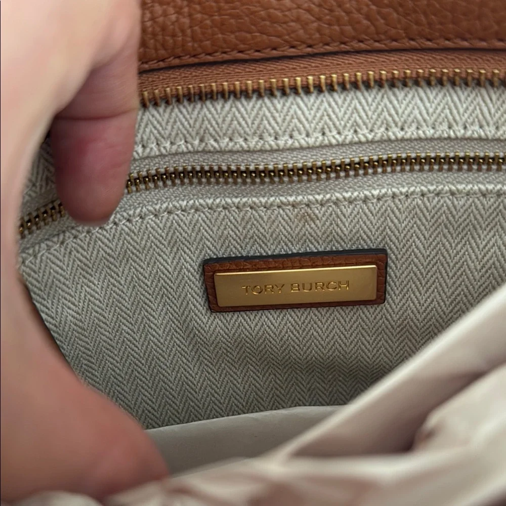 Tory Burch Pebbled Leather Crossbody in Cognac Brown with Gold Logo